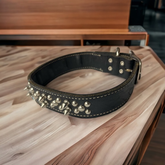 Spiked Studded Genuine Leather Adjustable  Dog Collar - Picture 9 of 12